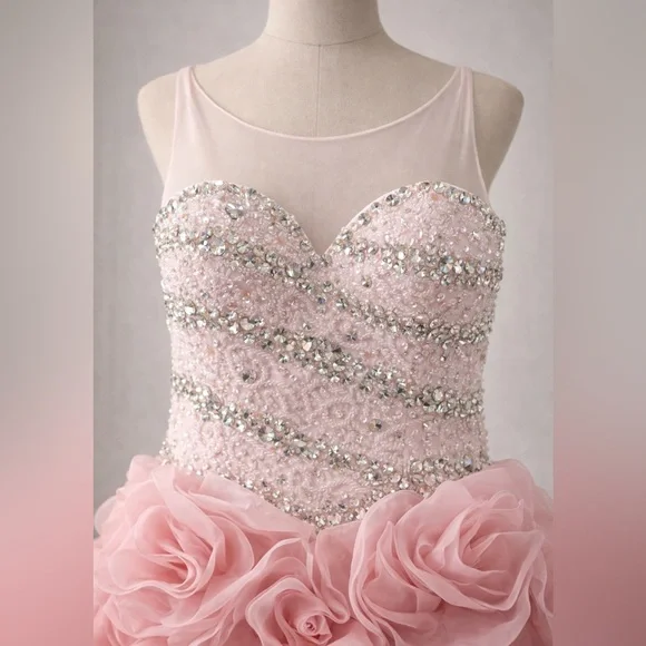 Blush Pink Beaded Ball Gown with Rosette Skirt – Medium Fit - Picture 4 of 16